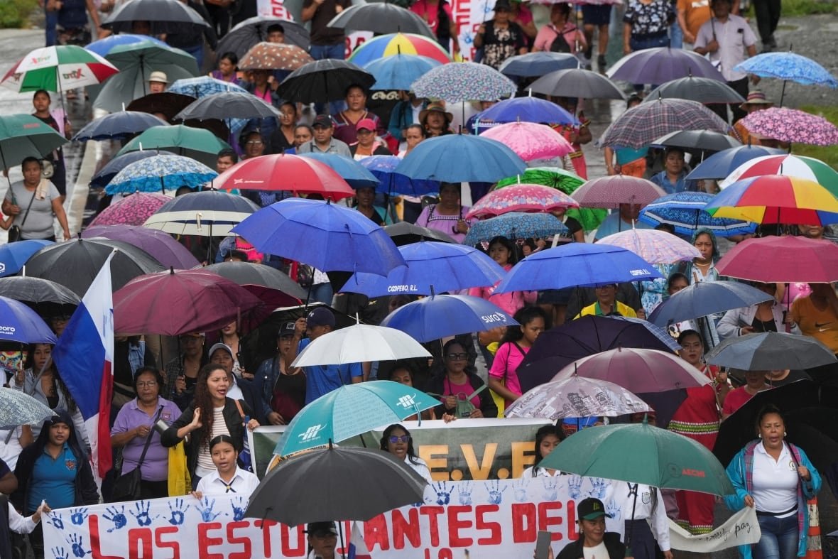 A street full of people holding umbrellas and protest signs