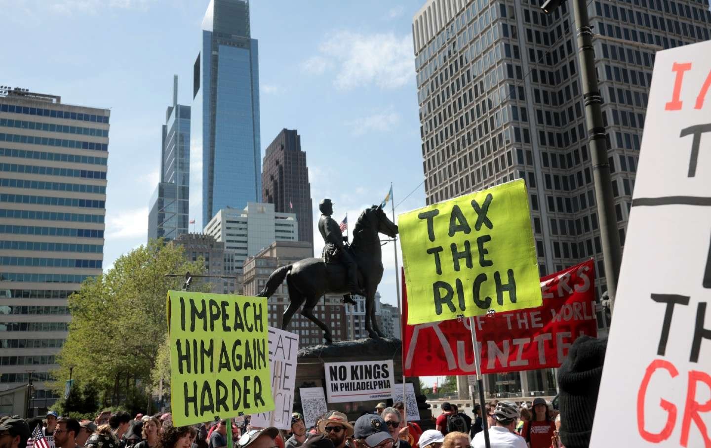 Supporters gather on May Day at City Hall in Philadelphia, Pennsylvania, where Senator Bernie Sanders held a rally along his Fighting Oligarchy Tour.