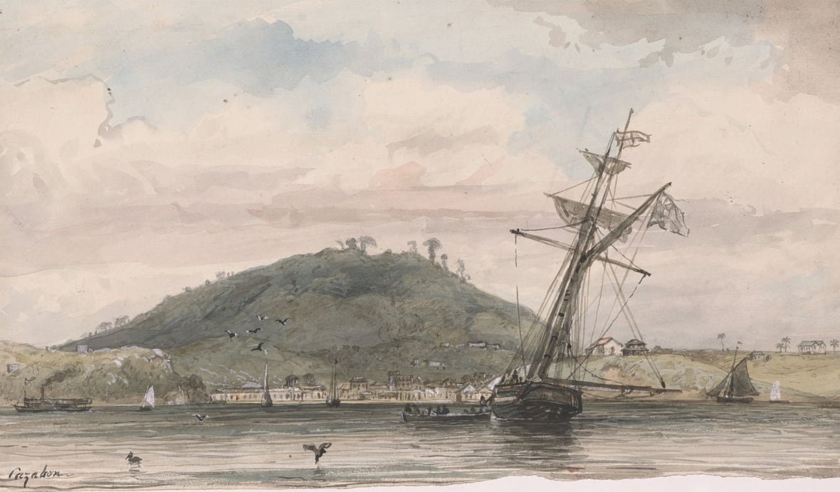 A painting of a small waterfront town with a mountain rising in the background.