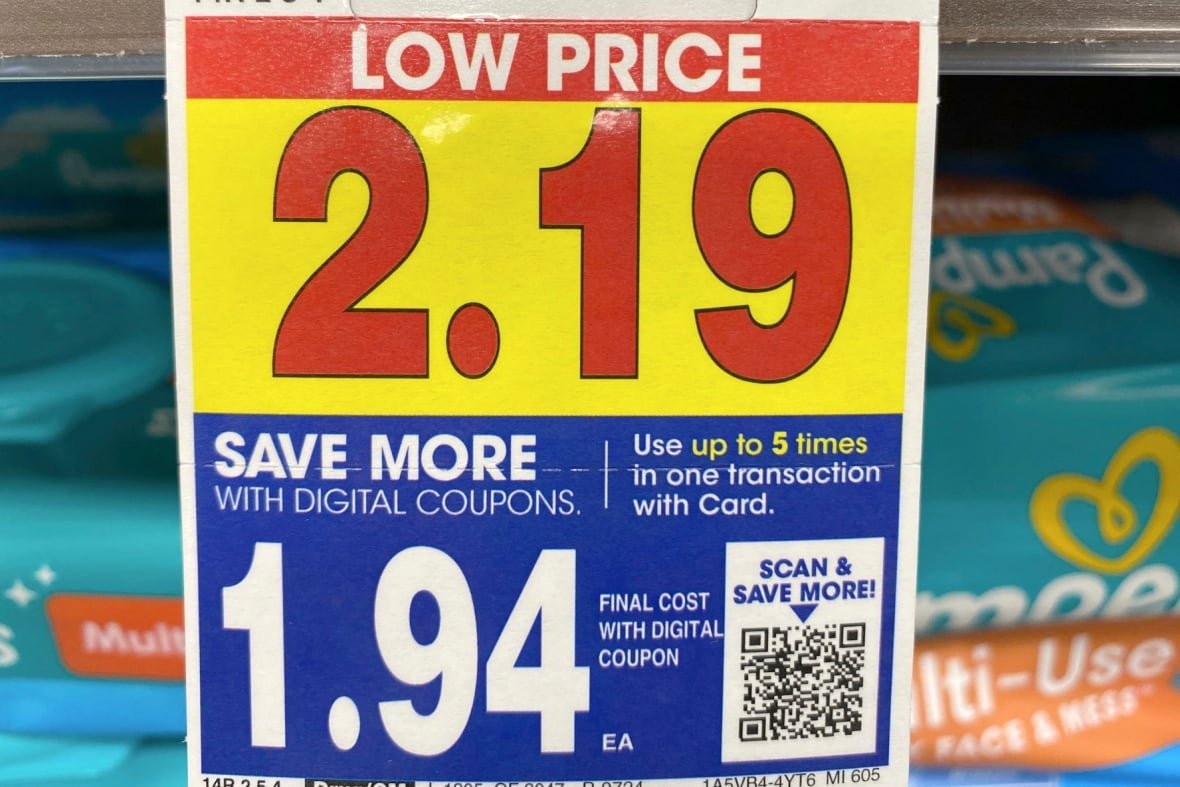 A coupon that says low price, 2.19. And then says save more with digital coupons, and has QR code.