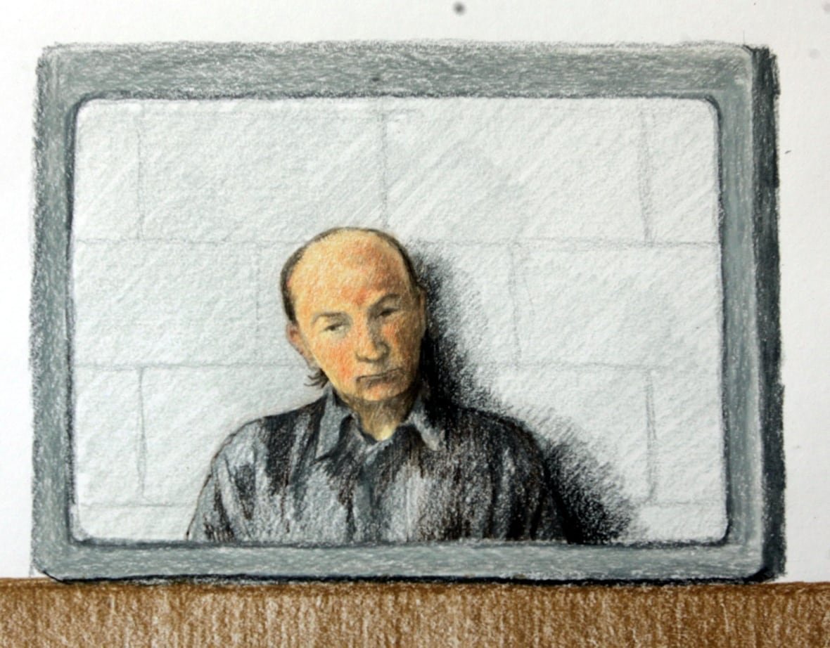 This is a artist's drawing of Robert Pickton appearing on a video link to B.C. Supreme Court in New Westminster, Wednesday May 25, 2005. Pickton was charged with 12 new counts of first-degree murder and now faces 27 charges of murder.