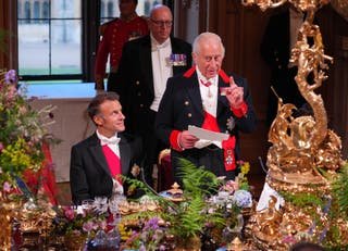 King Charles speaking at the state banquet for French president Emmanuel Macron and his wife Brigitte Macron