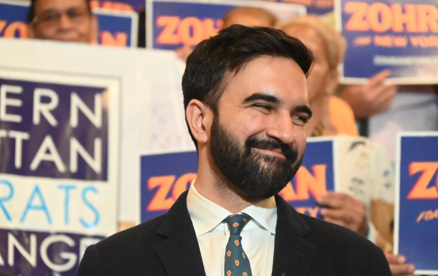 Zohran Mamdani, the Democratic nominee for New York City mayor, participates in an endorsement event with Representative Adriano Espaillat at the United Palace Theater in Manhattan on July 10, 2025.