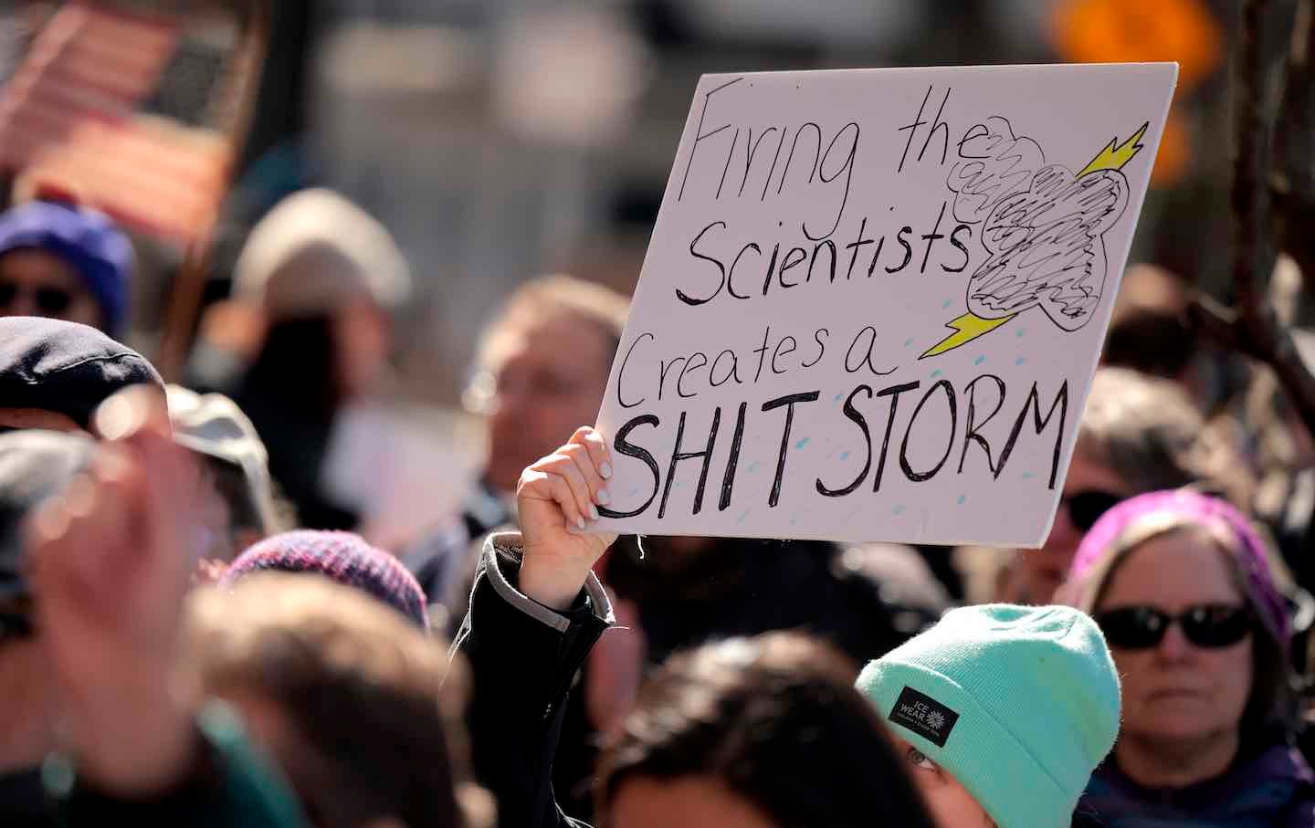 Hundreds of demonstrators gather to protest against Department of Government Efficiency (DOGE) cuts outside the headquarters of the National Oceanic and Atmospheric Administration on March 3, 2025, in Silver Spring, Maryland.