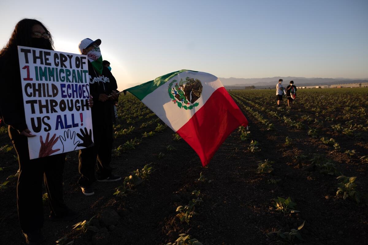 Protesters walk onto the fields adjacent to the Glass House where immigration raids took place