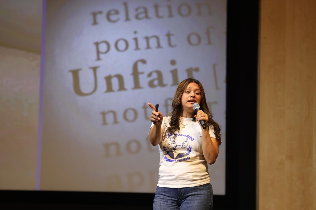 Attorney Ingrid Escobar discusses human rights in El Salvador during an appearance in North Hollywood in 2024.