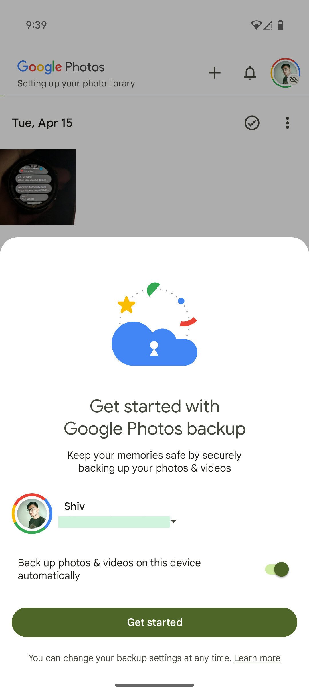 Google Photos current setup screen AssembleDebug