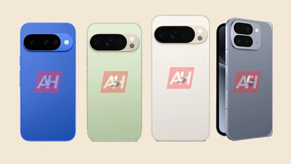 A leaked imaged of a blue Pixel 10, a green Pixel 10 Pro, a white Pixel 10 Pro XL and a gray Pixel 10 Pro Fold.