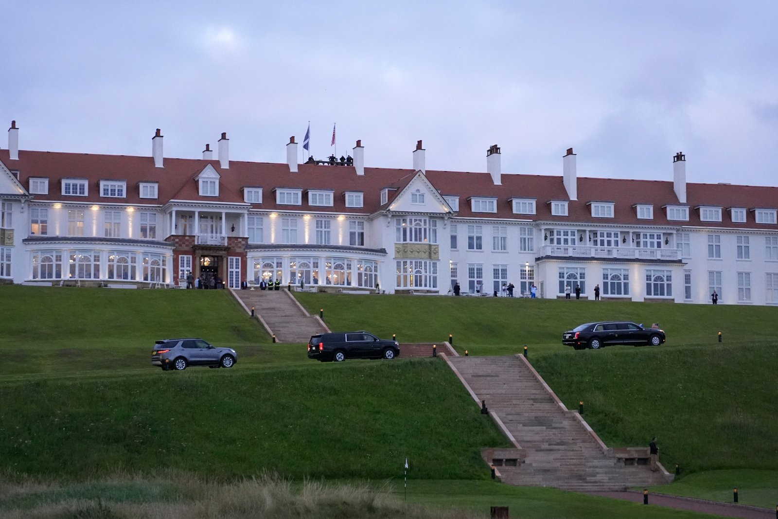 The motorcade with Donald Trump arrives at the golf course in Turnberry