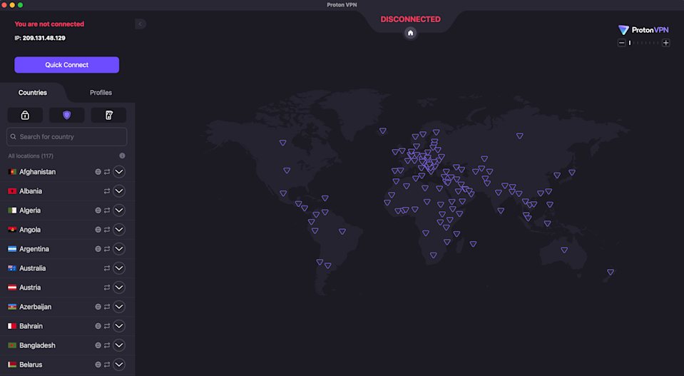 Proton VPN's dark mode interface on macOS.