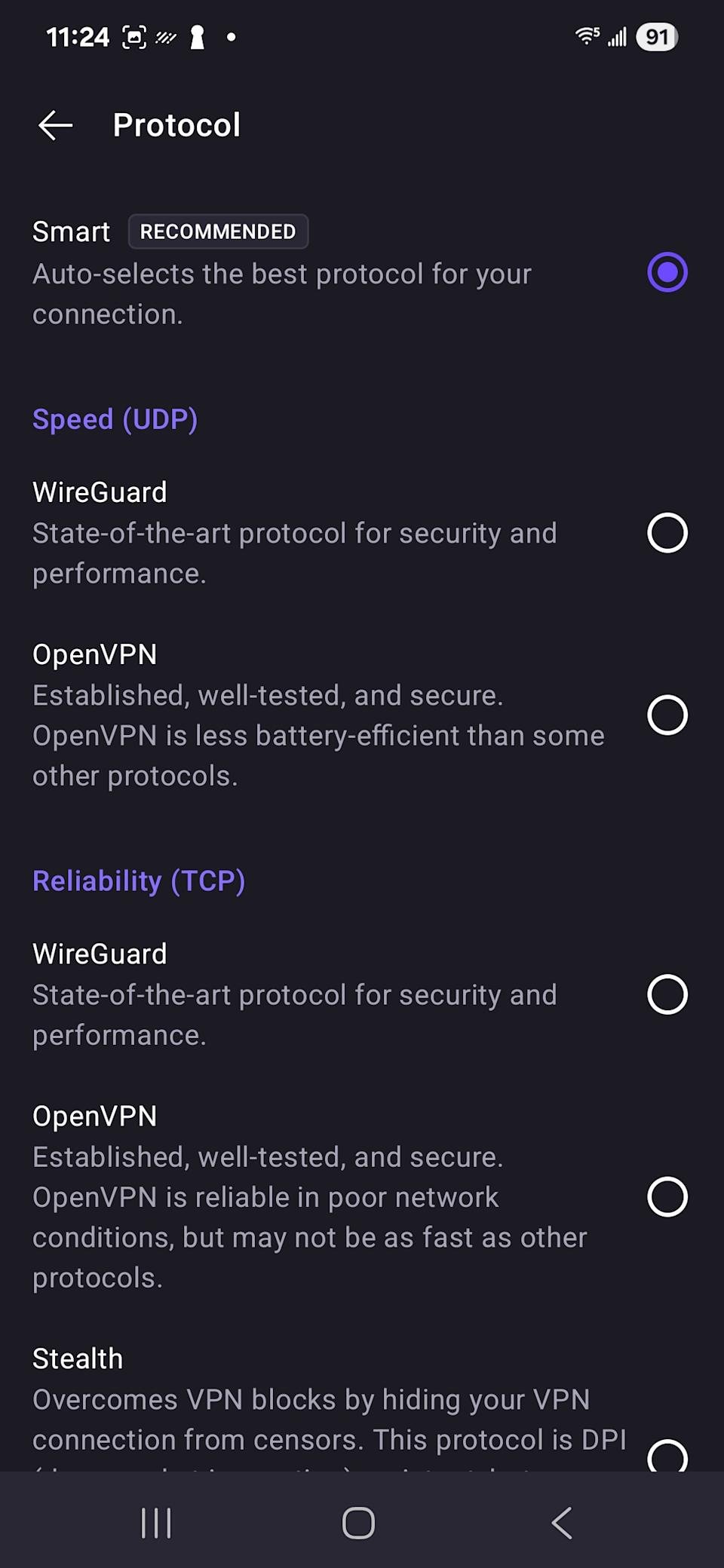 The protocol selection screen on Proton VPN's Android app.
