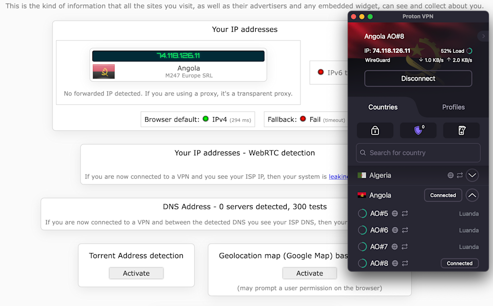 Proton VPN successfully masked our real IP address, even on a virtual location in Angola.