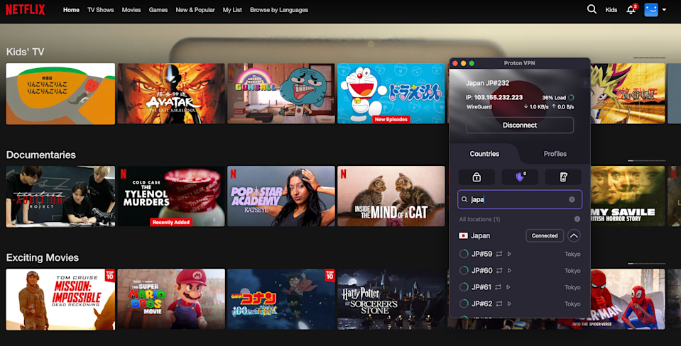 Proton VPN changed our virtual location so we saw the Japanese Netflix library.