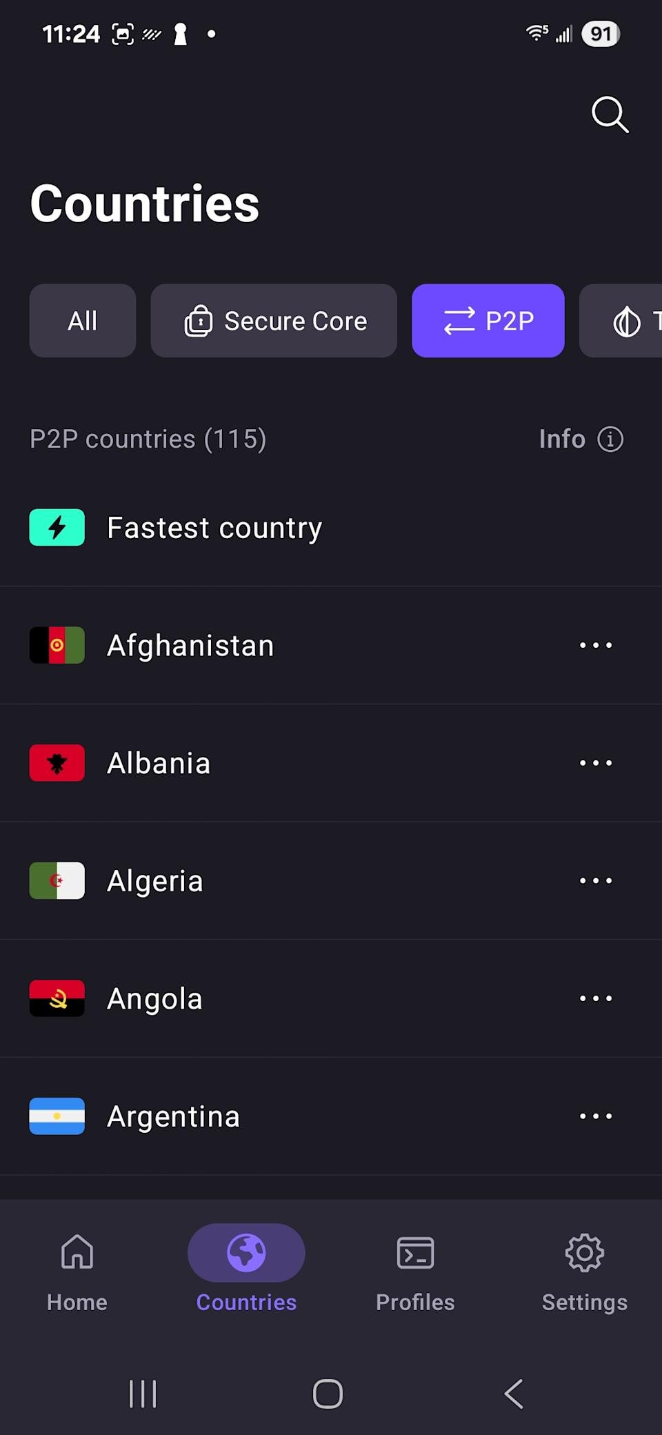 Proton VPN's list of P2P servers.