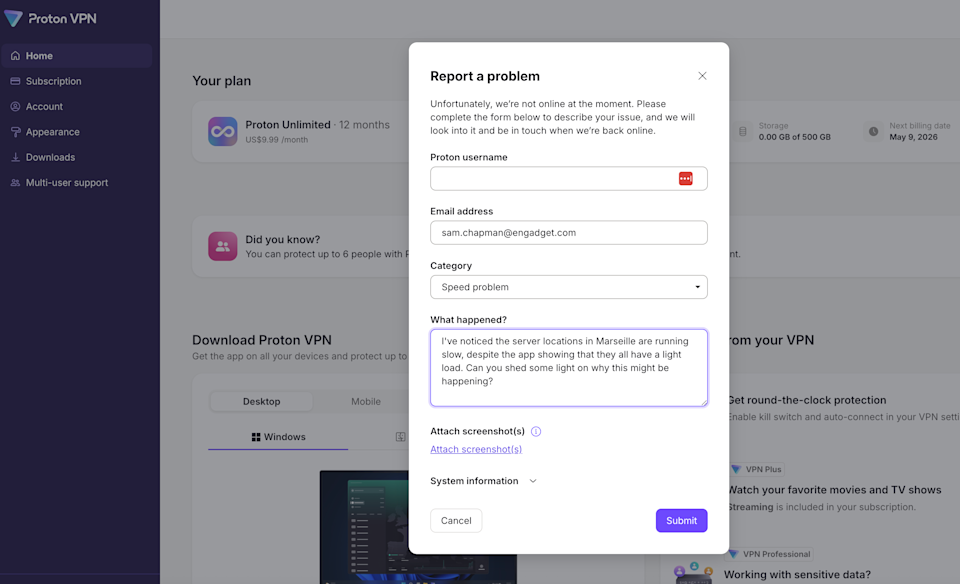 Emailing a question to the Proton VPN support team.