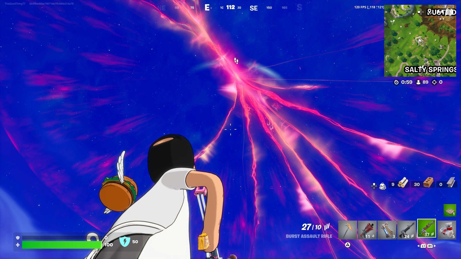 A red rift crack in the skies above the Fortnite Island