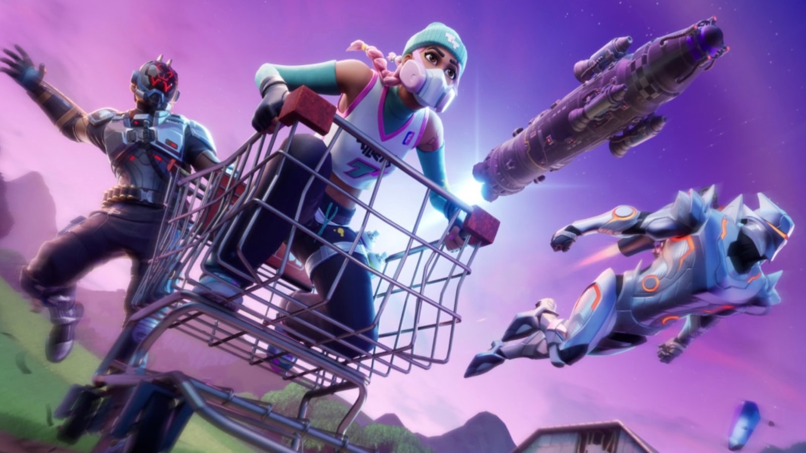 A character in a gas mask rides in a shopping cart, flanked by a rocket ship and a flying robot