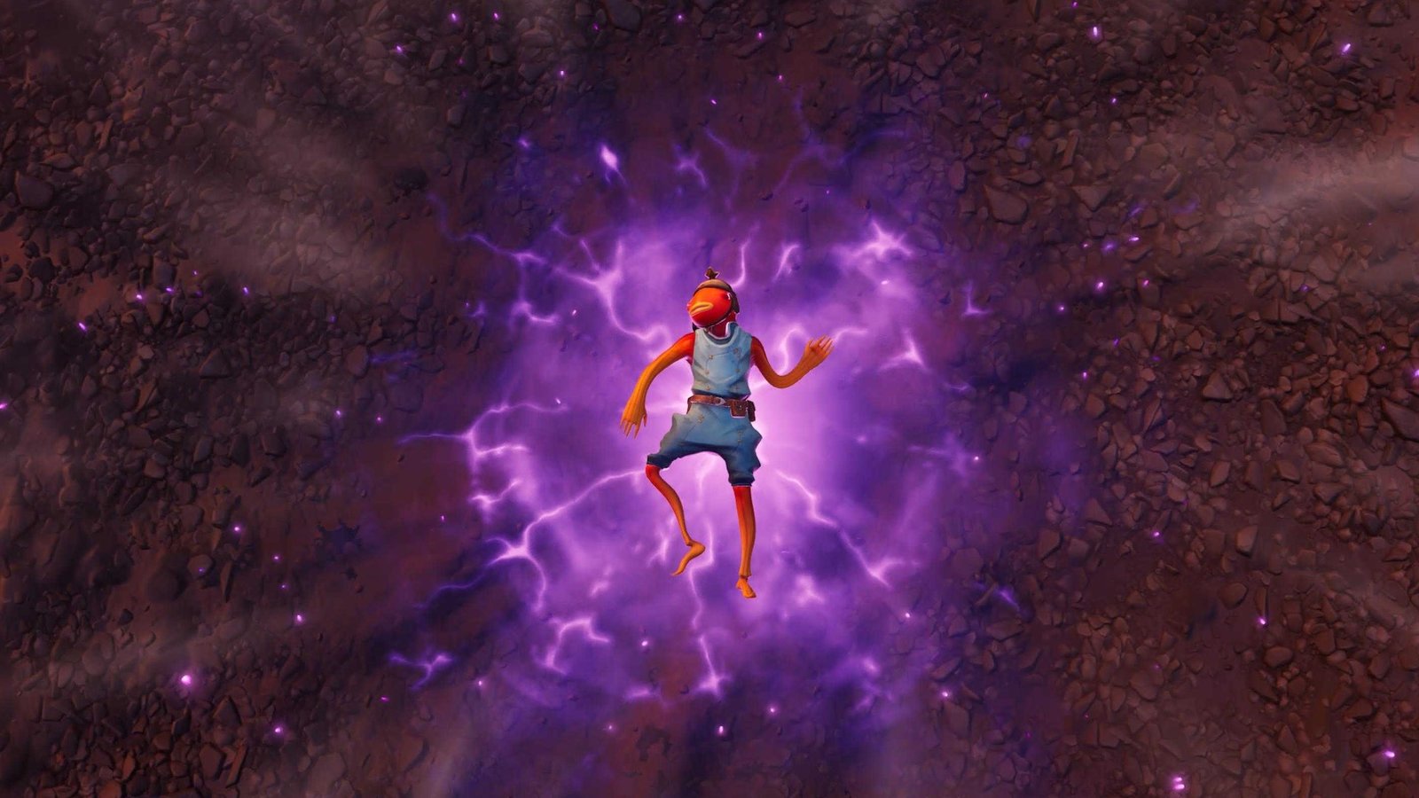Fish Stick lies in a crater, surrounded by purple glowing energy