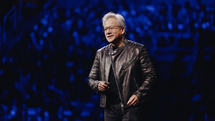 Nvidia CEO Jensen Huang addressing a large audience during his GTC keynote speech in 2025.