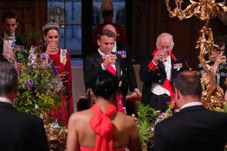 The Princess of Wales (left) and King Charles (right) at the state banquet for President of France Emmanuel Macron (centre)