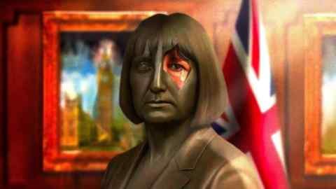 Illustration of Rachel Reeves as an iron statue in front of the Union Jack. The statue has split around her eye, revealing a tear