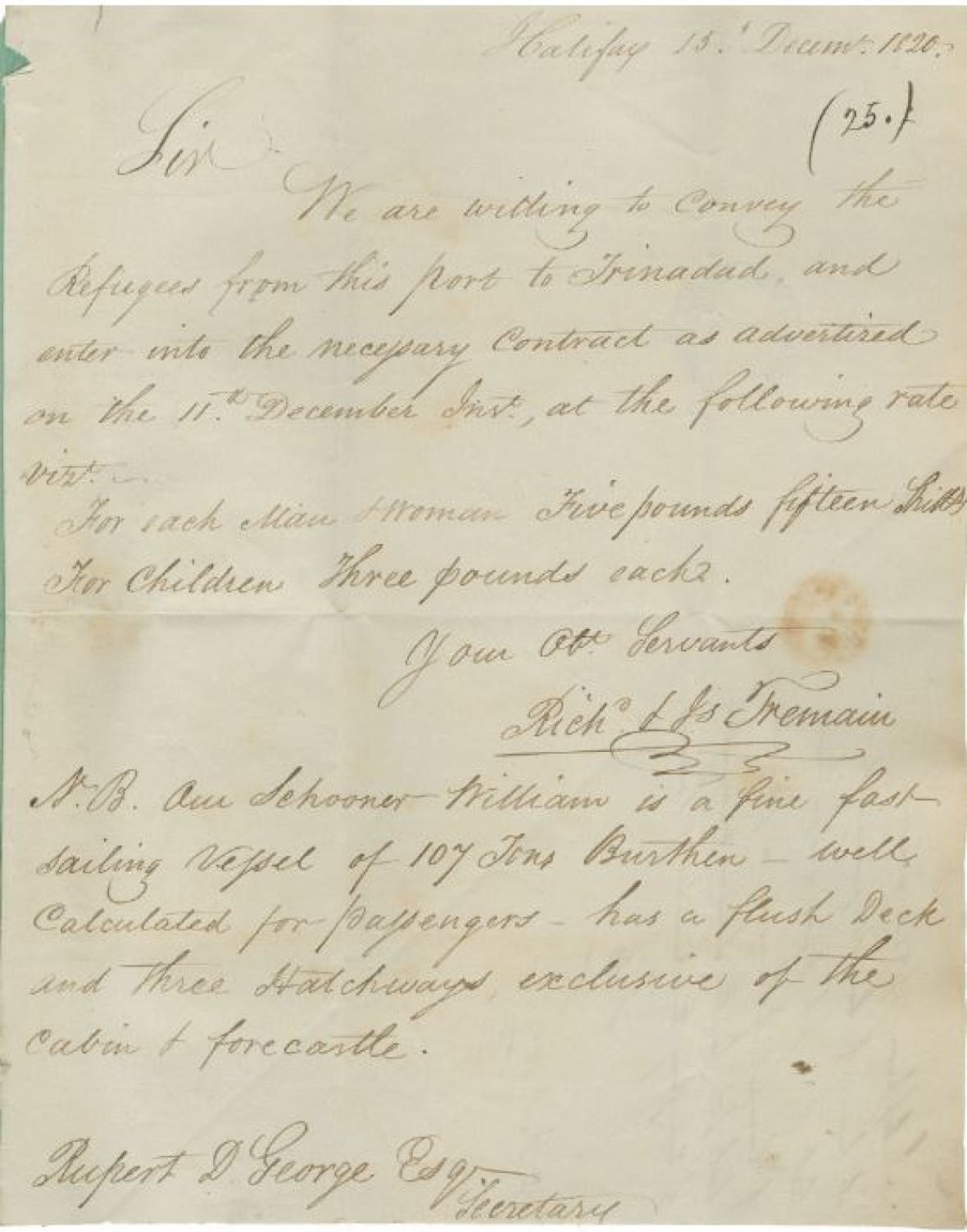 An archival handwritten note outlining the cost of a vessel arranged to carry the refugees.