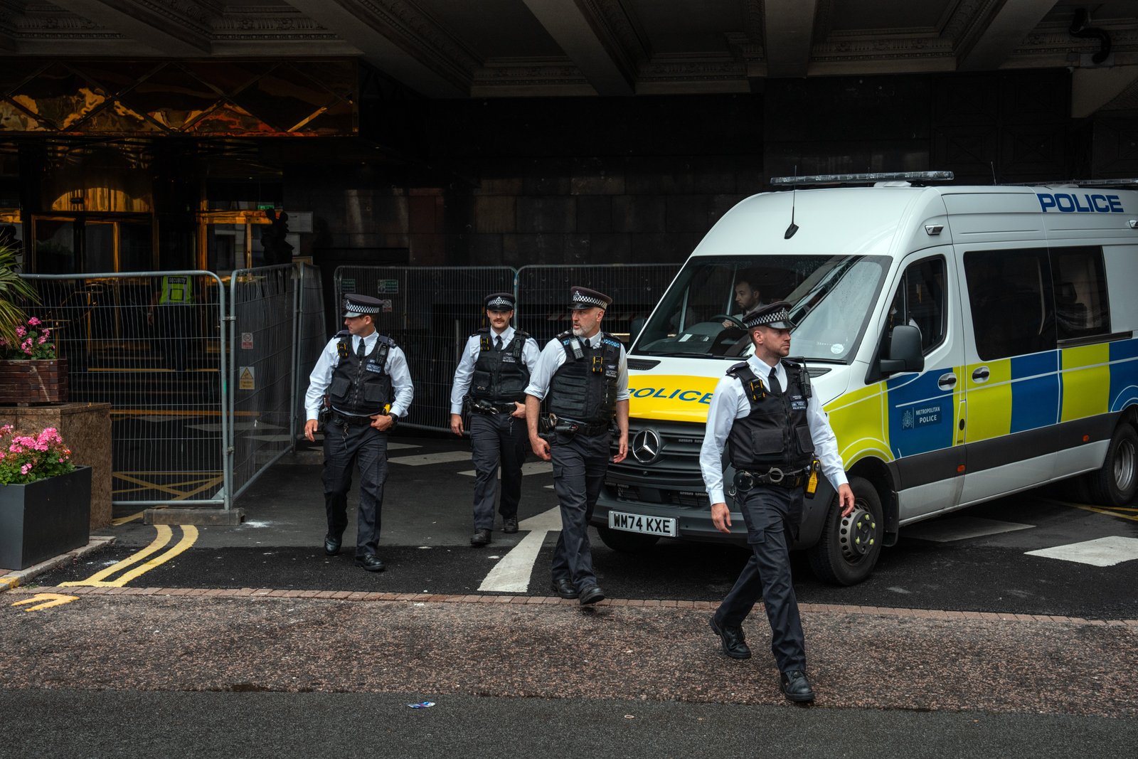 Police attended as demonstrators gathered outside the hotel