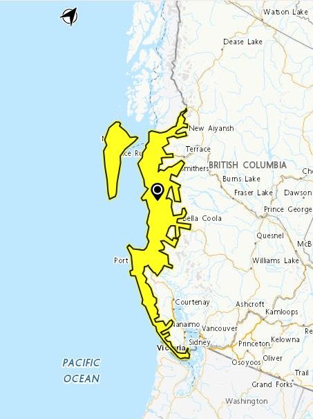 A map showing areas covered by a tsunami watch.