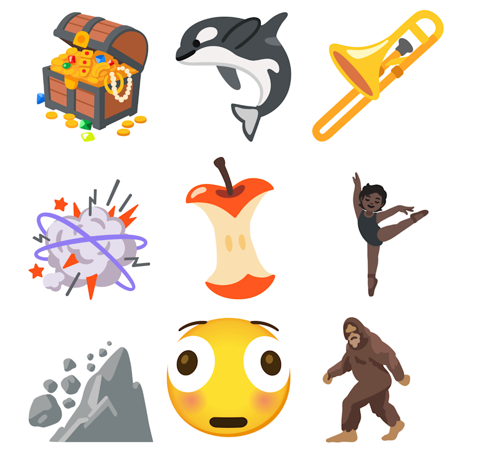 The treasure chest, orca, trombone, fight cloud, apple core, ballet dancers, landslide, distorted face and hairy creature emoji.