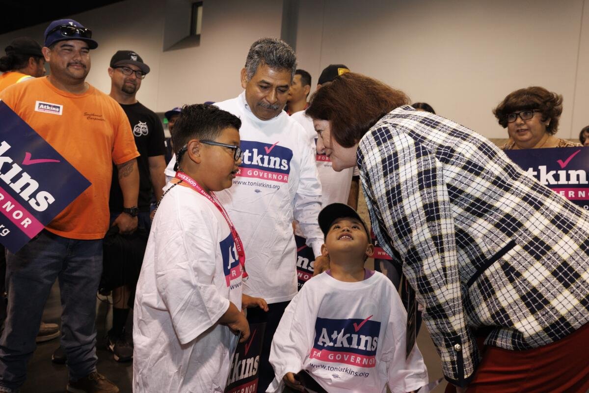 Gubernatorial candidate Toni Atkins speaks to supporters at the Calif. Democratic convention