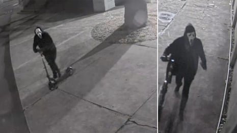 Police CCTV shows man in Scream mask approaching Melbourne synagogue – video