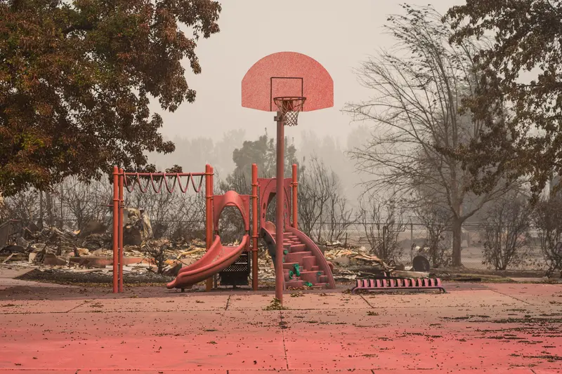 A basketball hoop, slide and monkey bars covered in a pink spray stand out against a smoky landscape with brown trees.