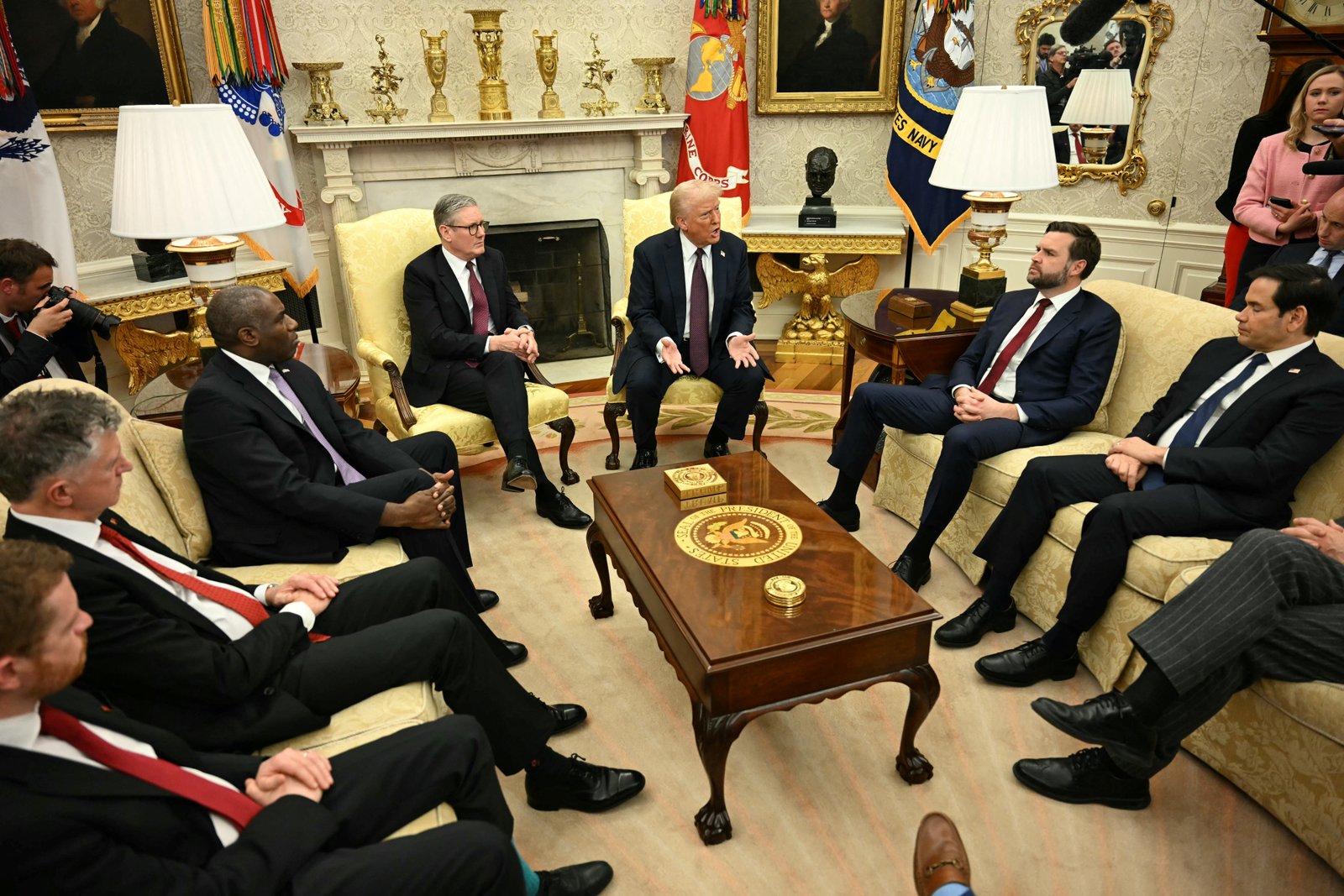 Marco Rubio (far right) pictured with Trump and Starmer in the Oval Office during the prime minister’s visit to the White House in February