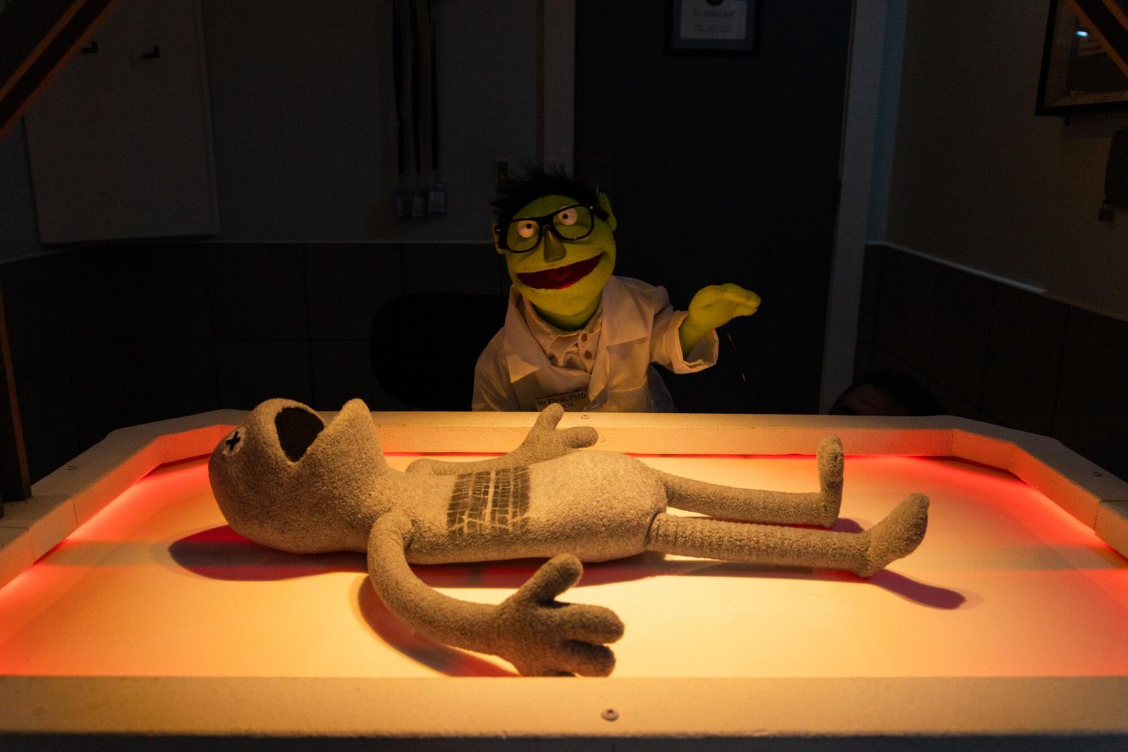 A puppet on a coroner's table. 
