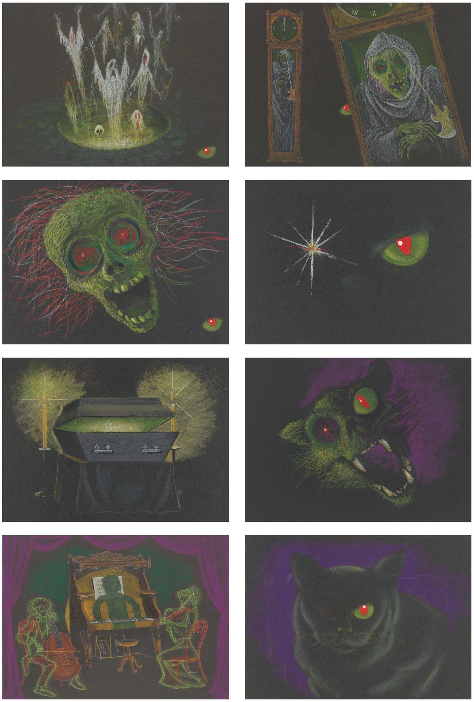 Concept art of a black cat with one red eye. 