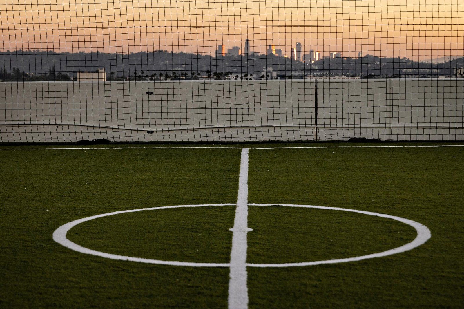 A view from the soccer field to downtown LA from Skyline Pitch a soccer venue.