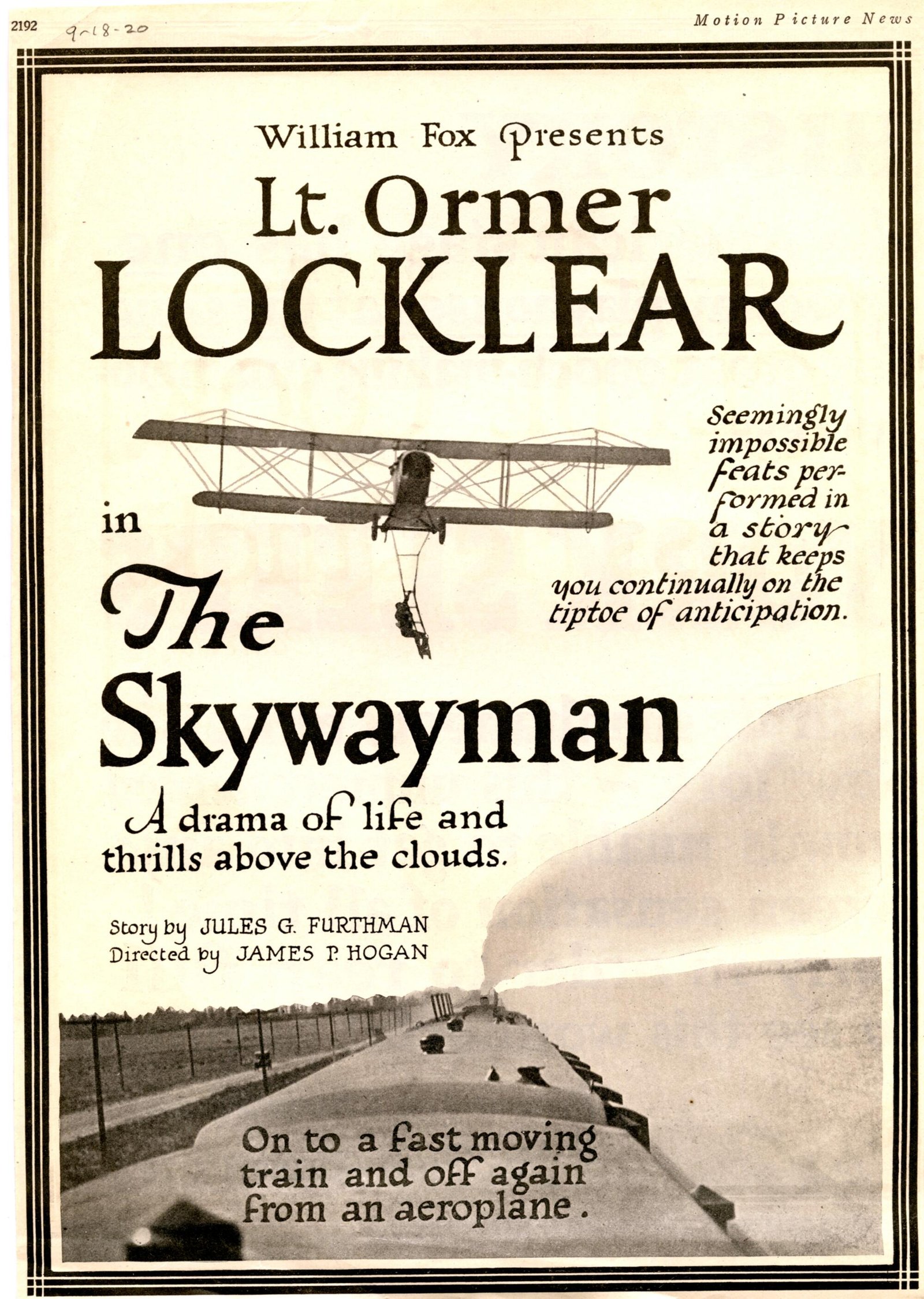 A poster for the film "The Skywayman" starring Ormer Locklear.